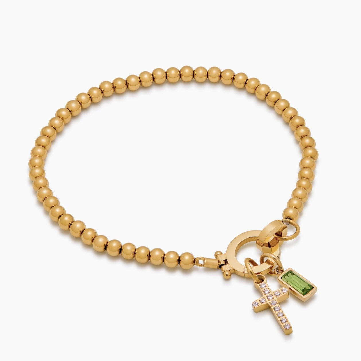 Perlenarmband mit Kreuz-Charm und Geburtsstein