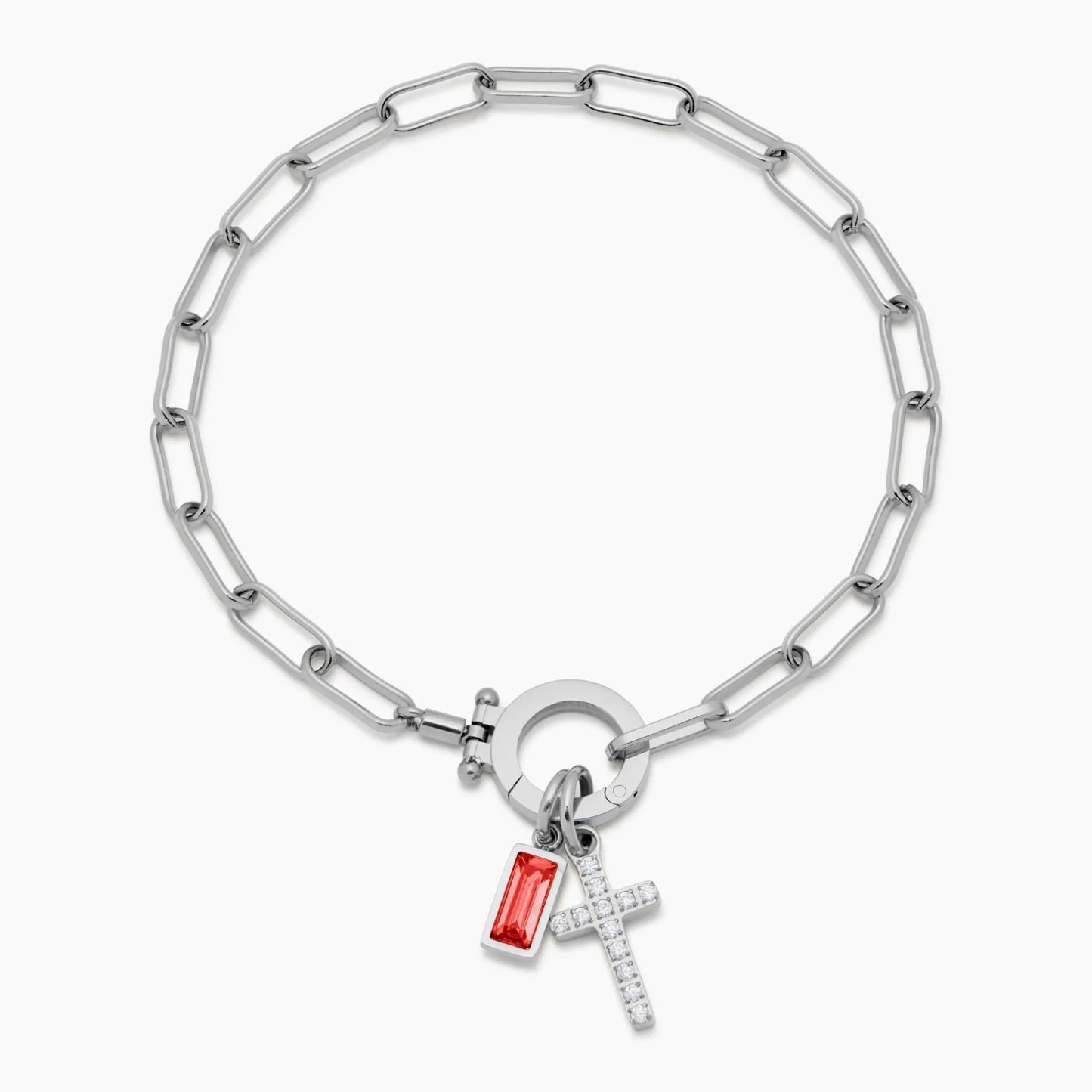 Büroklammer-Armband mit Kreuz-Charm und Geburtsstein