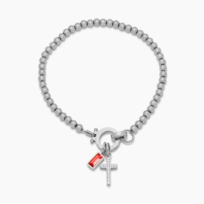 Perlenarmband mit Kreuz-Charm und Geburtsstein