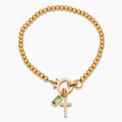 Perlenarmband mit Kreuz-Charm und Geburtsstein