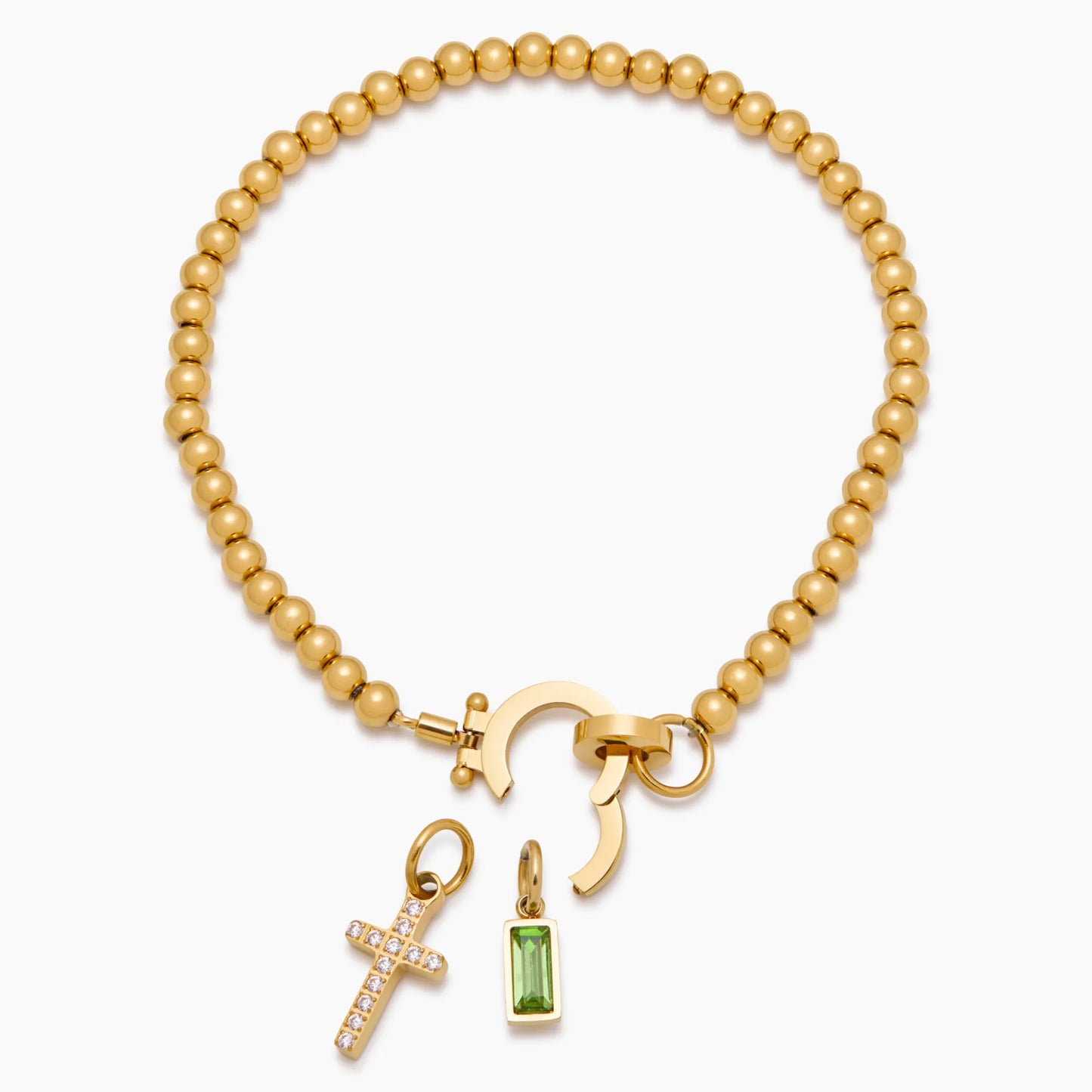 Perlenarmband mit Kreuz-Charm und Geburtsstein