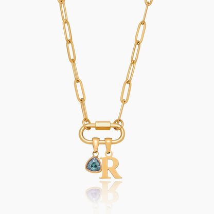 Karabiner-Charm-Halskette mit Initiale und Geburtsstein